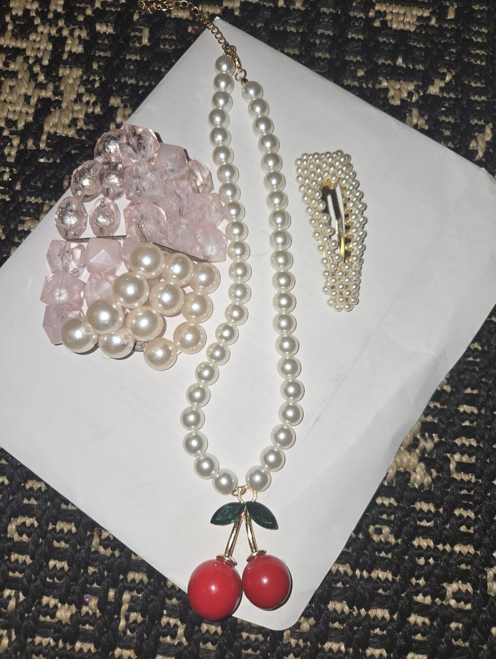 Pearl Necklace with Red Cherry Pendant by